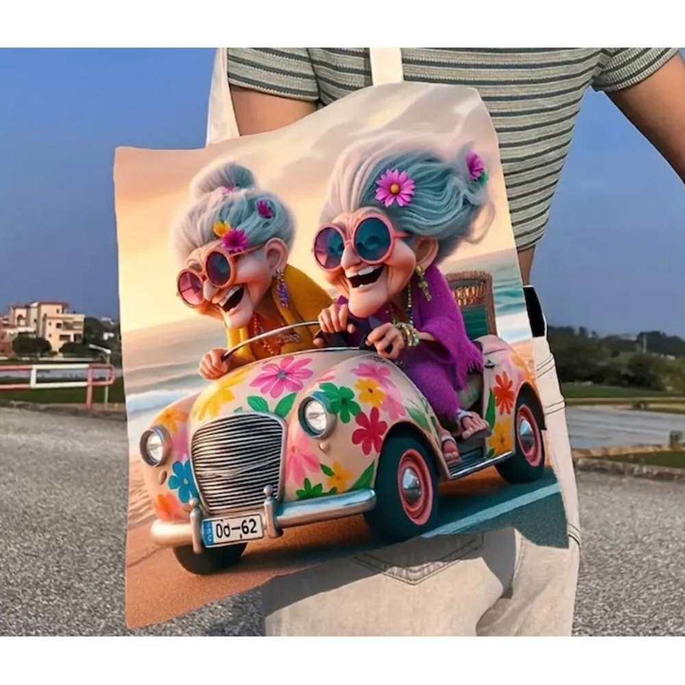 Tote Bag Funky Grandmas Driving Convertible Beach Sunset Print NEW